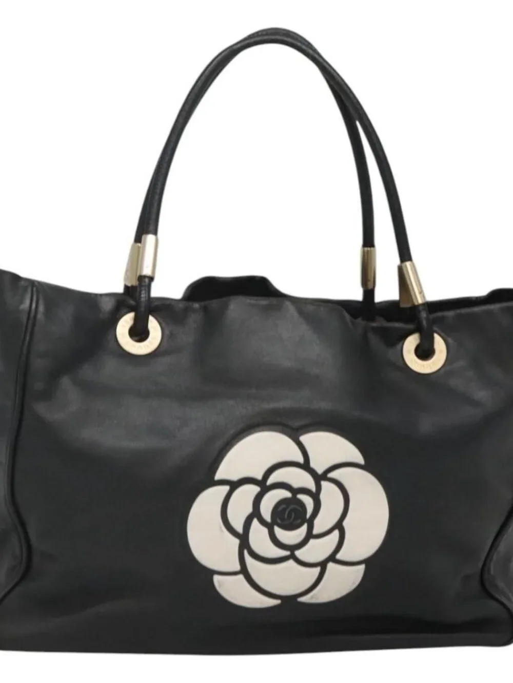 CHANEL Camelia Tote Bag Lamb Skin Black CC Auth BA841